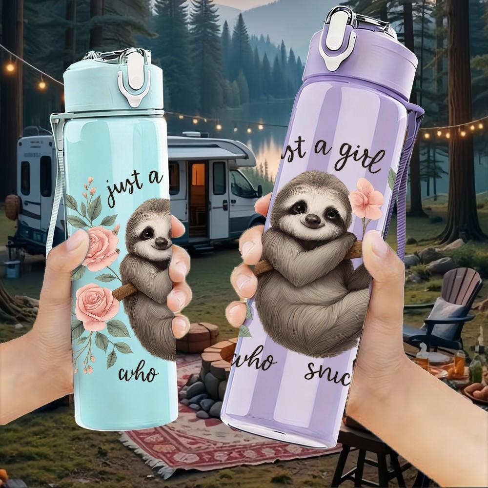 1PC Sloth Holding Flower Print 750ml Color Plastic Sports Water Bottle Leakproof Flip Straw Lid Suitable for Sports Office Home Use