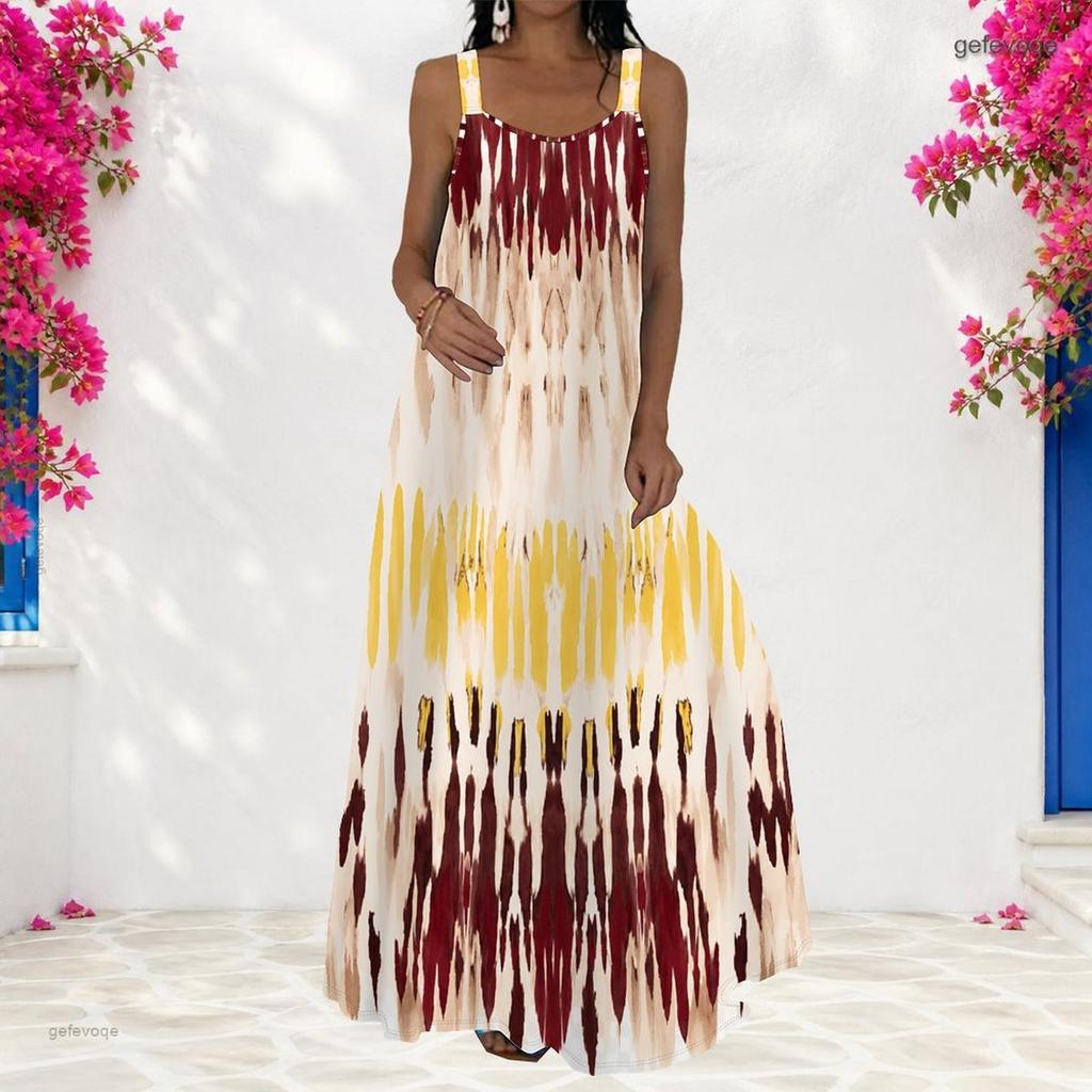 Women Plus Size Scoop Neck Strappy Sleeveless Colorful Striped Printed A Line Long Dress