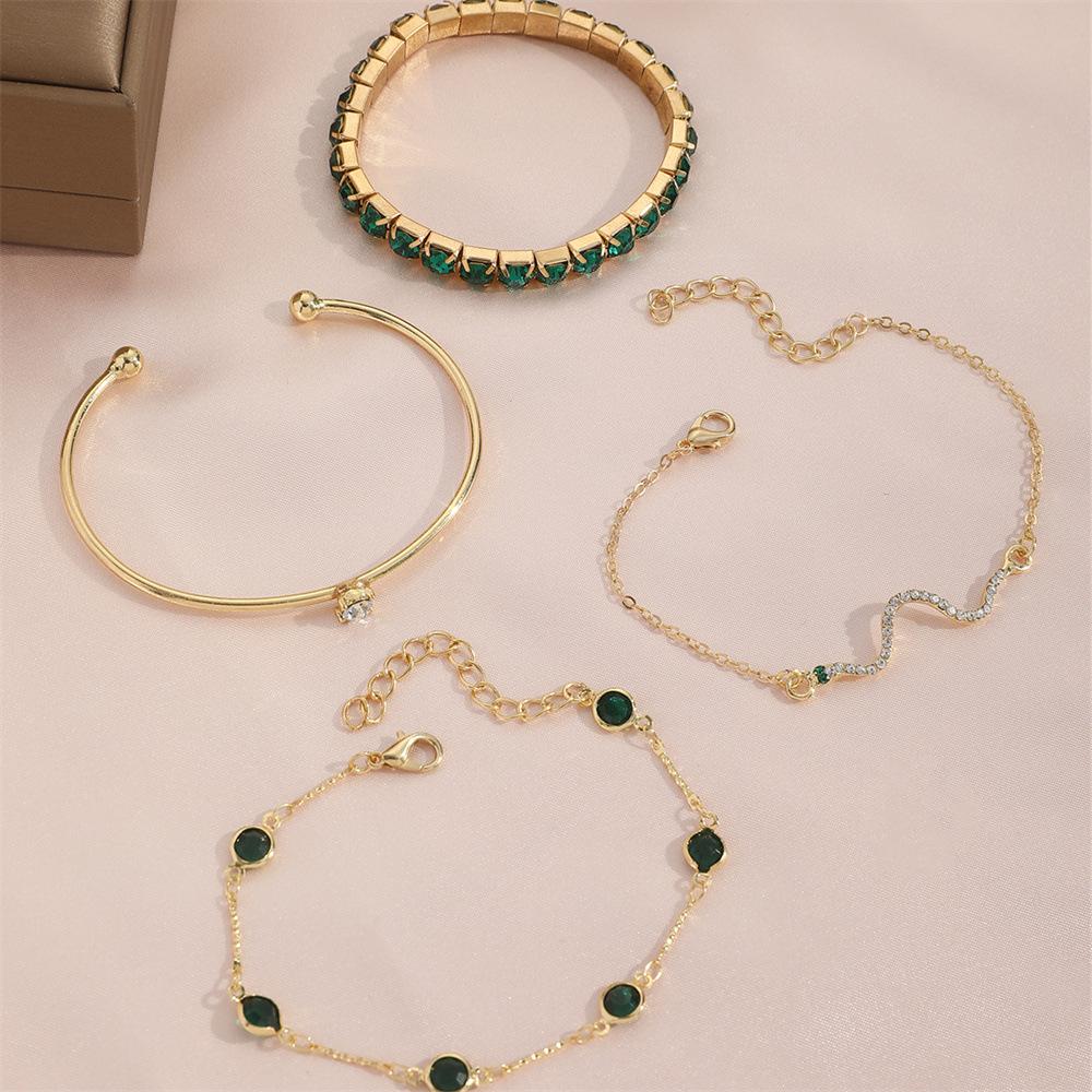 Green Open Bangle For Women Elegant Popular Imitation Gemstone Rhinestone Claw Chain 4pcs/Set Snake Bracelet [4pcs Elegant Green Gemstone Bangle]