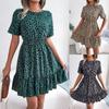 Spring Summer Women Casual O Neck Short Sleeve Polka Dot Waist Ruffle Dress S-XL