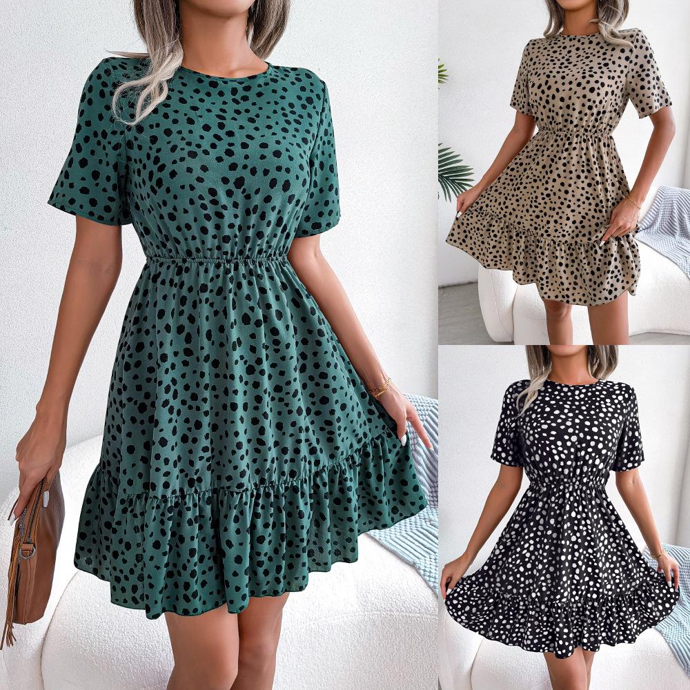 Spring Summer Women Casual O Neck Short Sleeve Polka Dot Waist Ruffle Dress S-XL