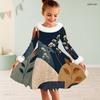 Little Girls Furry Collar Long Sleeve Printed A Line Flared Dress