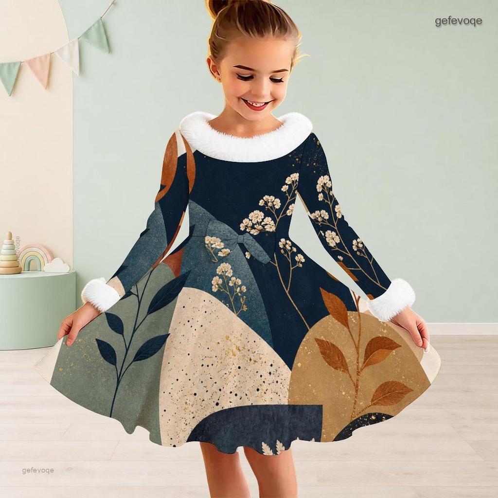 Little Girls Furry Collar Long Sleeve Printed A Line Flared Dress