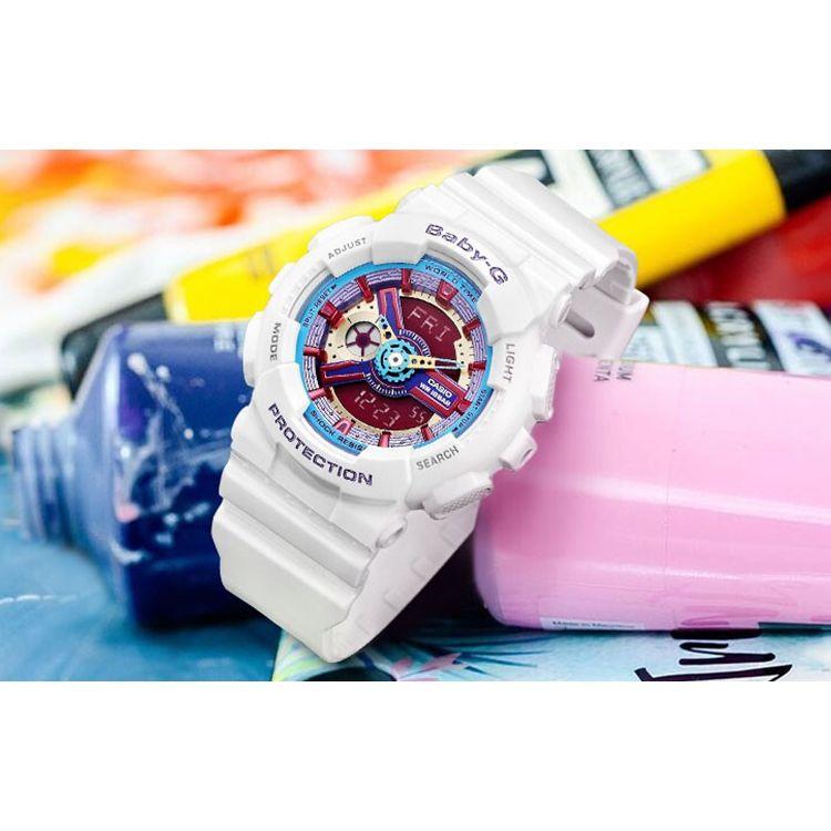 Casio Серия Baby-G Модные Цветовые Блоки Водонепроницаемые Двойной Дисплей Кварцевый Механизм Ремешок из Смолы Часы Женские Красные BA-112-7A