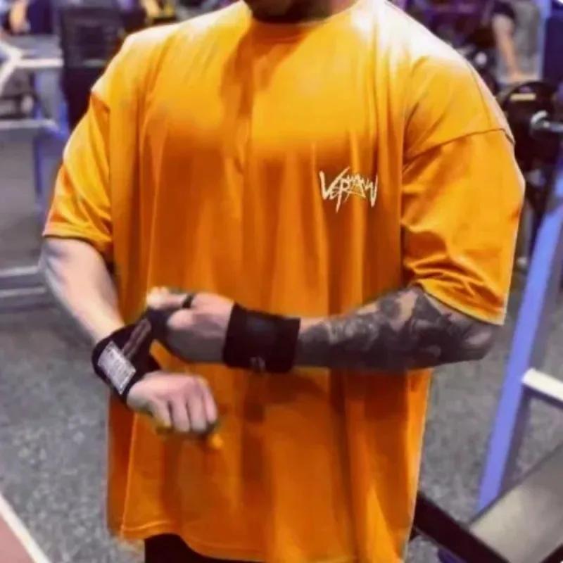 НОВАЯ спортивная футболка с круглым вырезом, оверсайз, хлопковая, летняя, для тренировок, для бега, мужская, уличная одежда, с рукавом до локтя