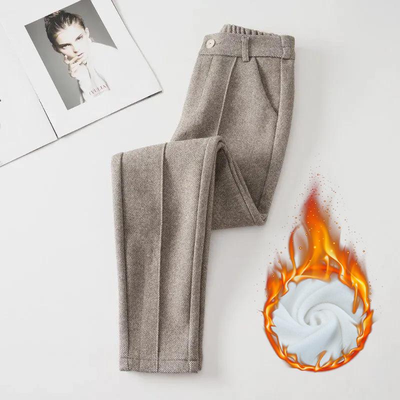 Брюки с высокой талией из смеси шерсти, женские зимние утолщенные шаровары с плюшевой подкладкой, повседневные теплые шерстяные брюки длиной до щиколотки