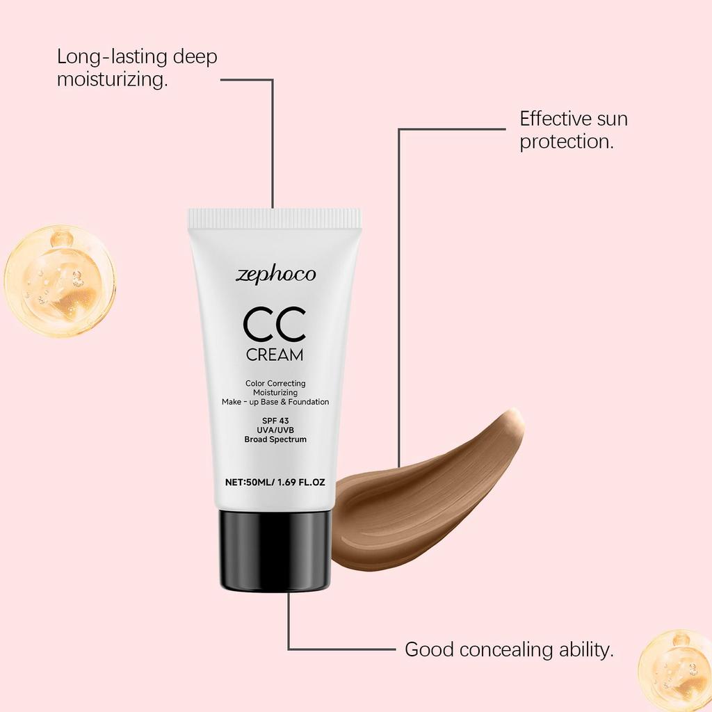 zephoco СС Крем Тональная основа Защита от УФ-лучей Увлажняющая база под макияж Коррекция цвета Косметика 43 SPF Крем для лица Тональная основа