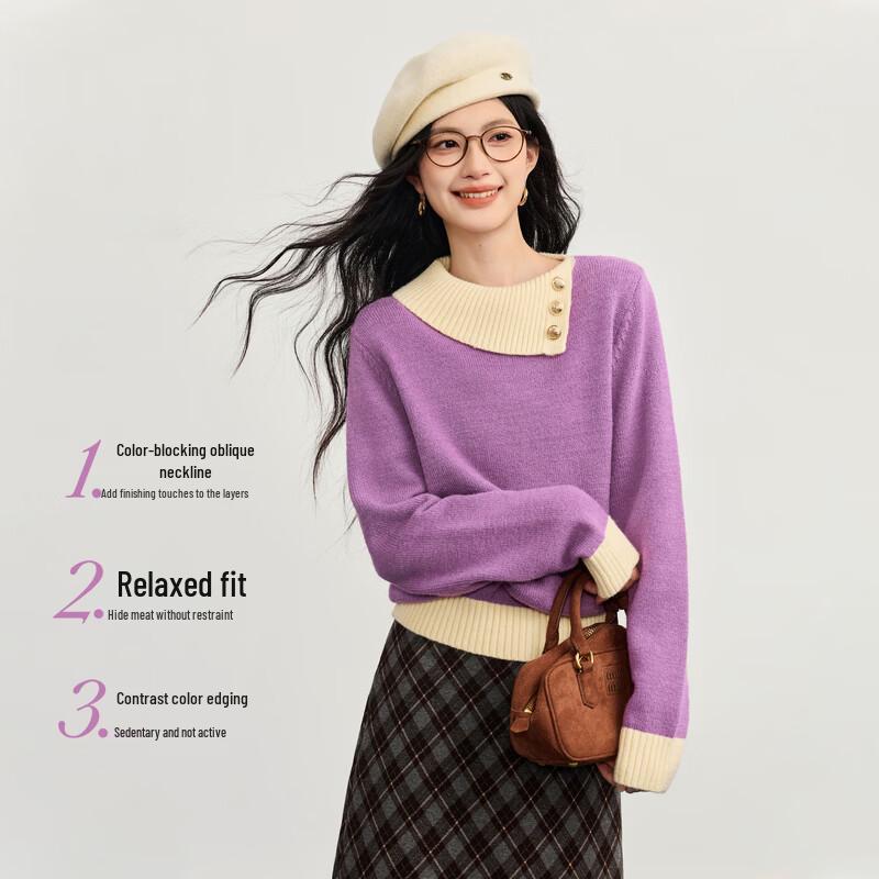 SLLSKY Korean Style Color-Block Lapel Knit Sweater
