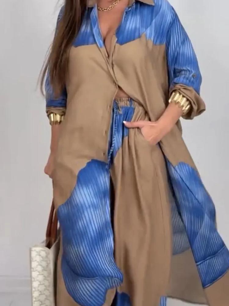 Женский комплект из длинной рубашки свободного кроя и брюк широкого кроя, повседневный костюм-двойка, бежевый с серым узором