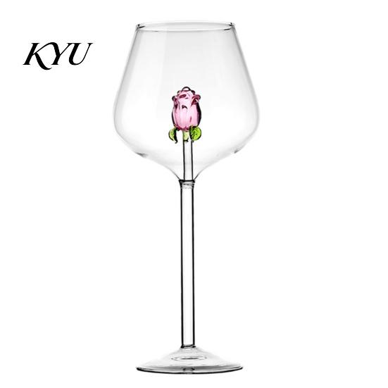 Crystal Wine Glasses Red Glass with Roses And Green Leaves Decorated, Clear Rose Decorated Goblet Decorative Glass, Elegant for Romantic Dinners