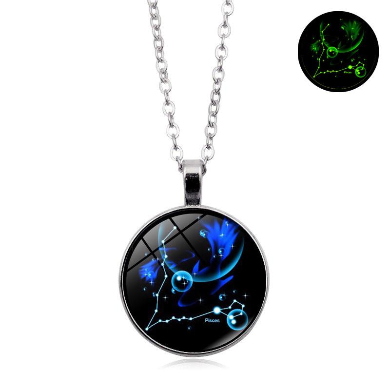 Glowing Zodiac Constellation Gemstone Pendant Necklace Vintage Versatile Sweater Chain Jewelry Accessory