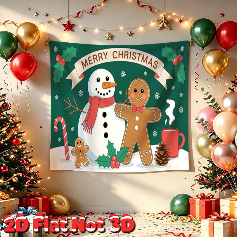 Merry Christmas Snowman Gingerbread Man Wedding Backdrop Banner, Multicolor Polyester for Holiday Decor & Photo Booth