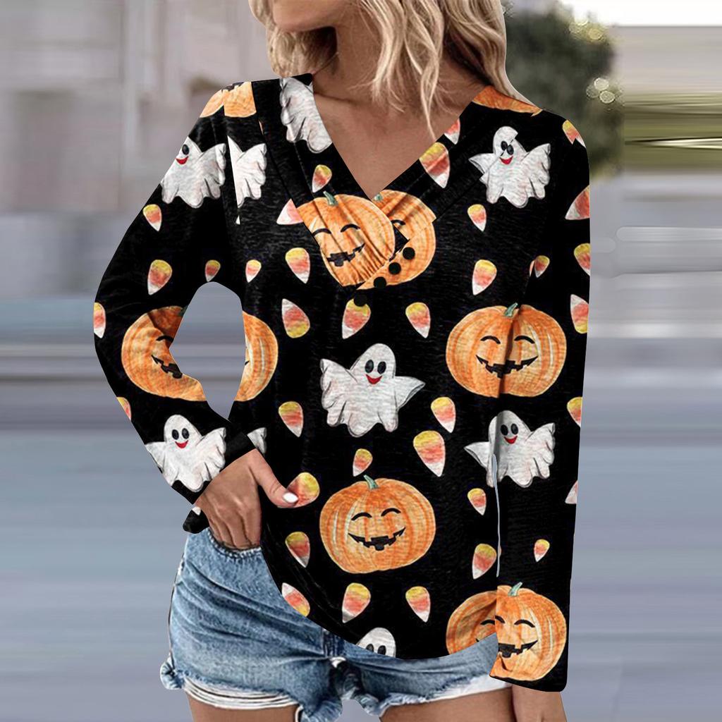 Женская туника с длинным рукавом, свободные топы, повседневные топы оверсайз, плиссированная туника на пуговицах, повседневные осенние женские топы с принтом на Хэллоуин