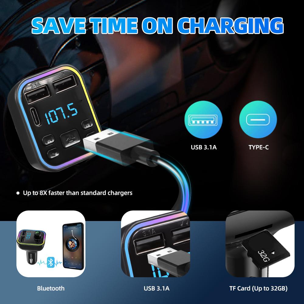 Car Bluetooth FM Transmitter PD Dual USB 3.1A Fast Charger Adapter Colorful Ambient Light Handsfree MP3 Modulator Player