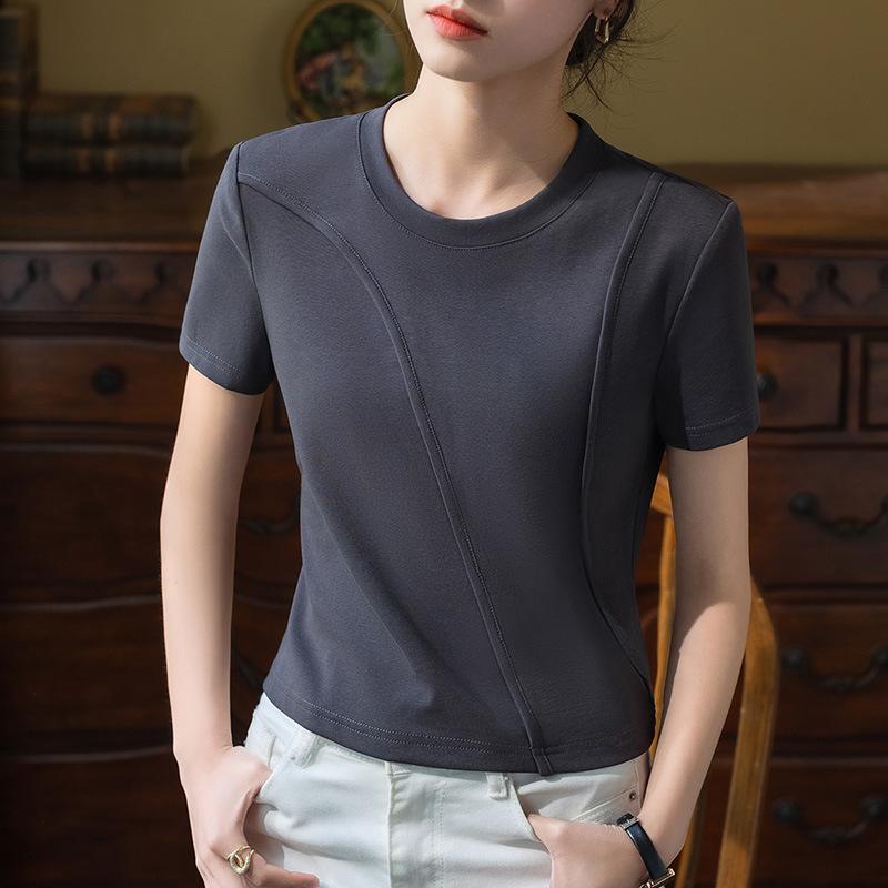 Short-sleeved T-shirt for Women's Summer New Women's Solid Color Round Neck Cotton T-shirt Design Short Top