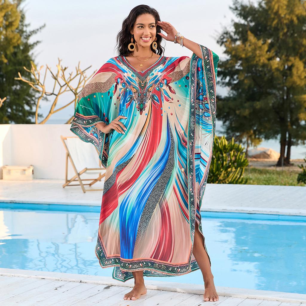 Beach Cover Ups Flower Tie Dye Water Wave Printed Kaftans for Women Summer Maxi Dresses Holiday Bating Suits