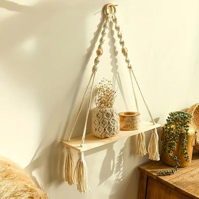 1шт Подвесная полка Boho Handmade Bohemian Деревянные растения Плавающие веревочные полки, Эстетический декор комнаты, Домашний декор, Декор для ванной комнаты, Декор для спальни