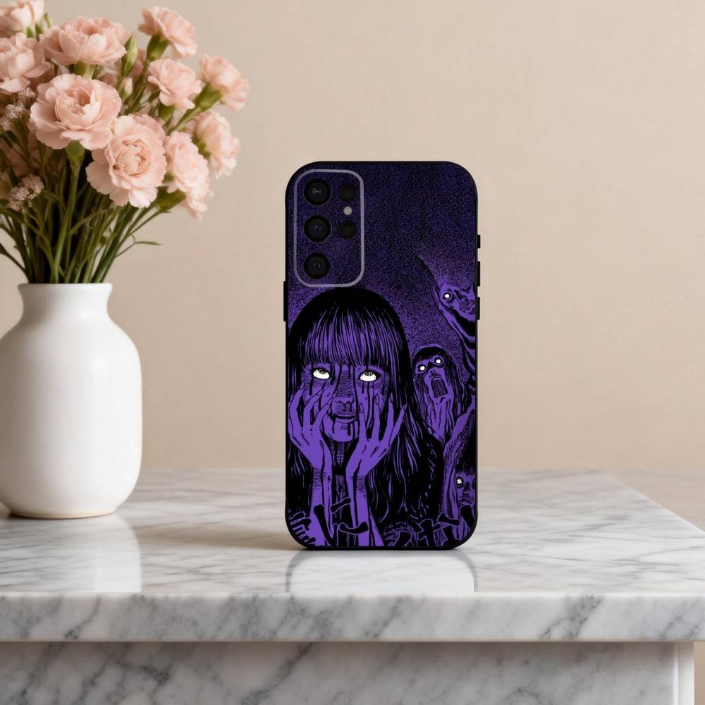 Чехол для телефона H-Horror T-Tomie-E для Samsung S25,24,23,22,30,21,10,9,Ultra,Plus,Lite,FE,4,5 G Мягкий черный чехол