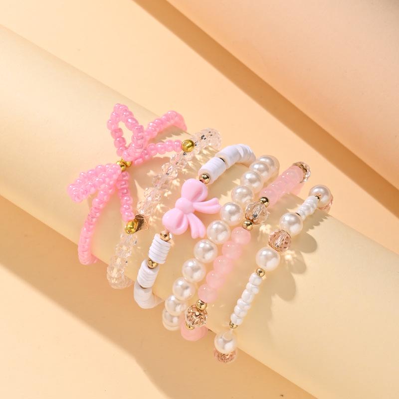 Sweet Pink Heart Bow Pearl Bracelet Set for Women