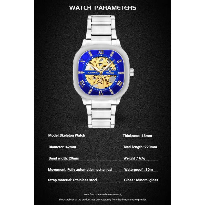 TEVISE Автоматические механические часы для мужчин из нержавеющей стали, водонепроницаемые, скелетон, квадратный циферблат, люминесцентные, модные, деловые, наручные часы