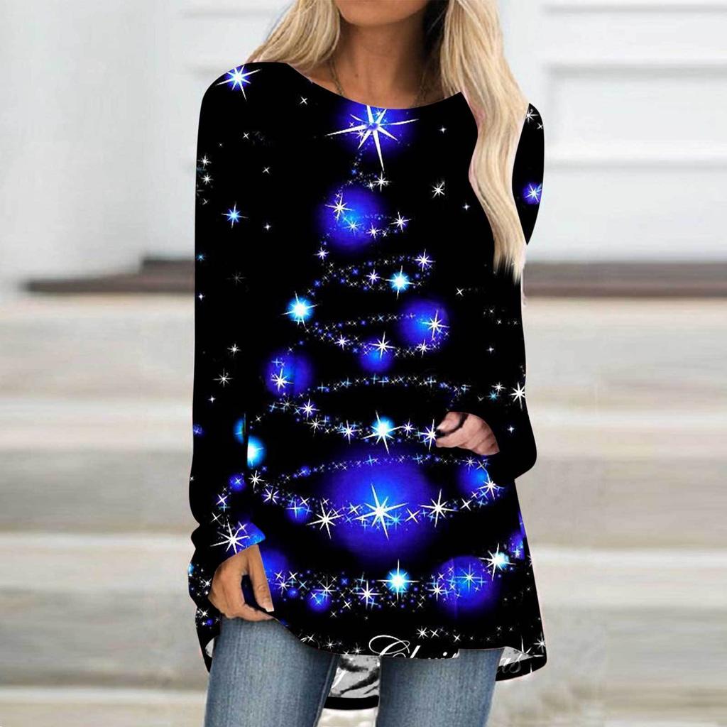 Рождественская елка 3D Принт Длинный рукав Футболка Женская мода Круглый вырез Длинная туника Топы Женщины Осенний рождественский подарок Футболка Femme Топы