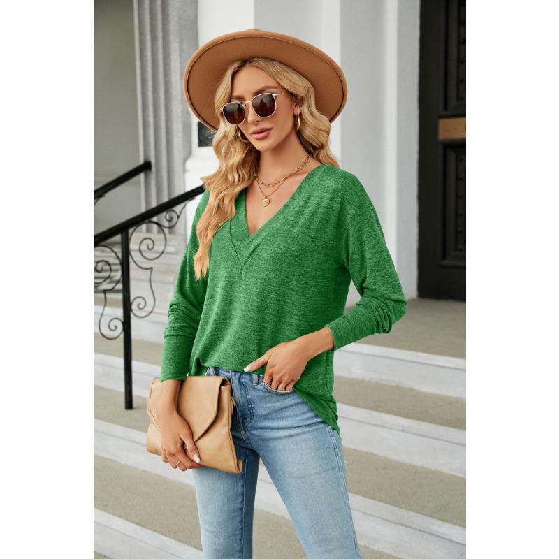 Весенне-осенняя женская блузка, однотонная, с v-образным вырезом, свободный повседневный топ с длинными рукавами