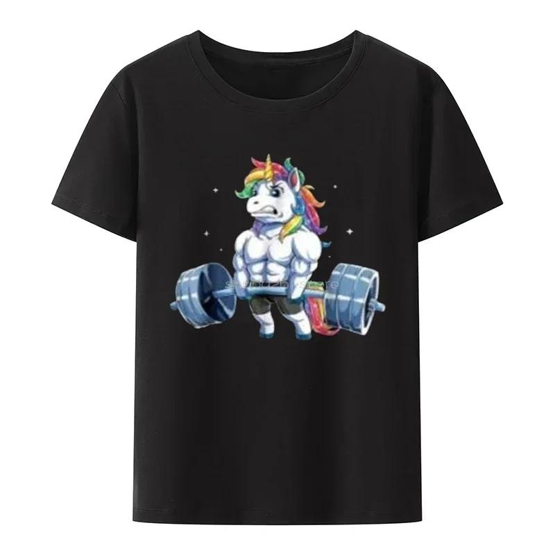 Unisex New Fashion Tops Casual Streetwear Unicorn Weightlifting TShirt Fitness Gym Deadlift Rainbow Us Men Trend Cartoon Tee