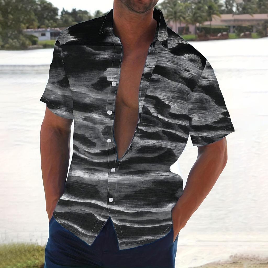 Men's Summer New Loose Print Short Sleeve Shirt Cardigan Beach Shirt