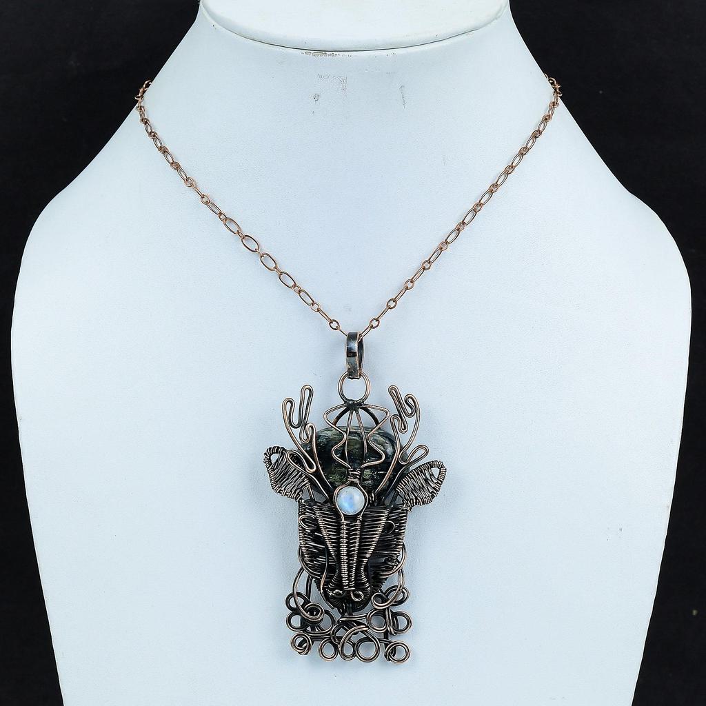 Подвеска из кианита, обмотанная медной проволокой, подвеска из радужного лунного камня, ювелирные изделия из драгоценных камней, подвеска в виде морды оленя, подвеска ручной работы, очень красивые медные украшения