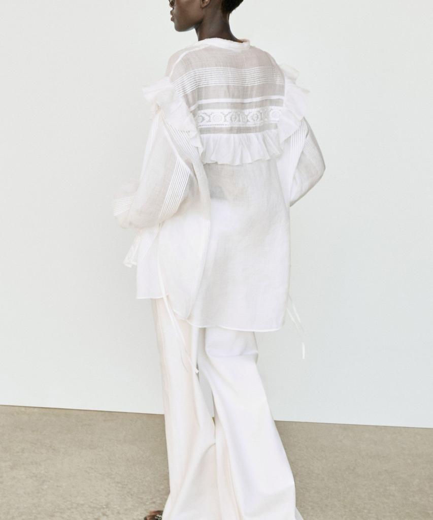 Masimodutti Blouse With Stand Collar Embroidery And Ruffle Details