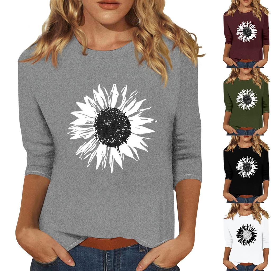 Women's Fashion Casual Round Neck 3/4 Sleeve Loose  Printed T-Shirt Ladies Top