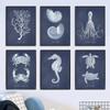 Nautical Navy Blue Coral Shell Seahorse Turtle Crab Octopus Sea Life Wall Art Canvas Painting And Prints for Kids Room Decor
