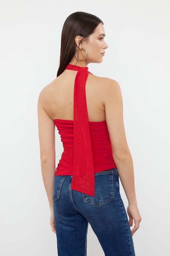 Women's Style Blouse Red Halter Neck Gathered Lined Stretchy Knitted Blouse
