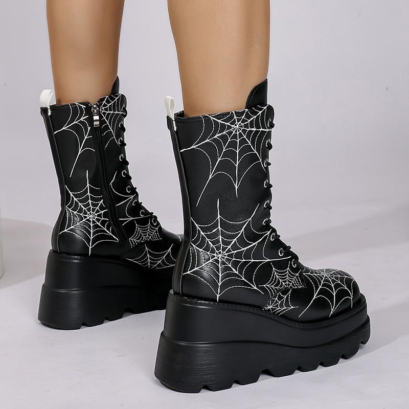 Fashion Spooky Style Chunky Platform Mid Calf Boots Women Spider Web Pattern Wedge Gothic Boots Woman Thick Sole Halloween Cosplay Shoes