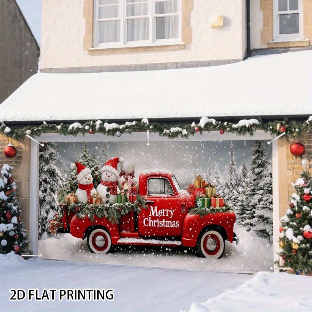1 holiday red truck with snowman and gift garage door cover