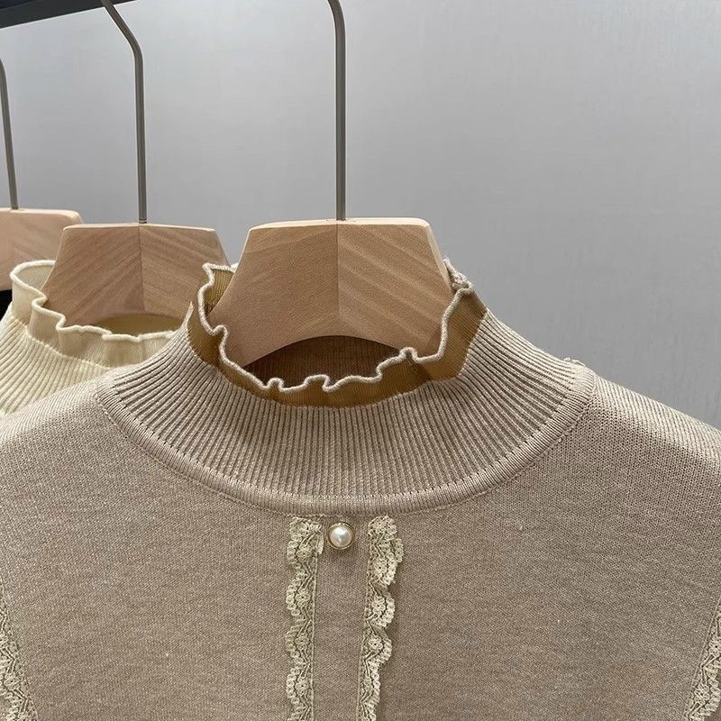 Женский полувысокий бархатный свитер осень-зима кружевной утолщенный трикотажный пуловер модный длинный рукав джемпер трикотажные топы