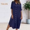 Summer Women Dress SIngle-breasted Half Sleeves Turn-down Collar Loose Solid Color Buttons Commute Daily Wear Midi Dress