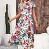 Летние женские свободные платья-миди с цветочным принтом и воротником-стойкой с короткими рукавами