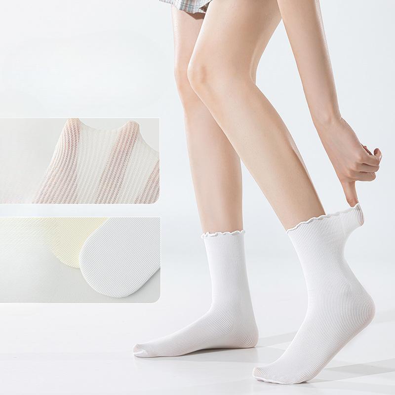 Summer Rolled-up Ice Silk Thin Pile Socks for Women, Black Fungus Lace Versatile Lace Socks, Mid-calf Socks