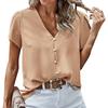 Women's Loose Casual Solid Color V-Neck Button Top, Fashionable Short Sleeved Top