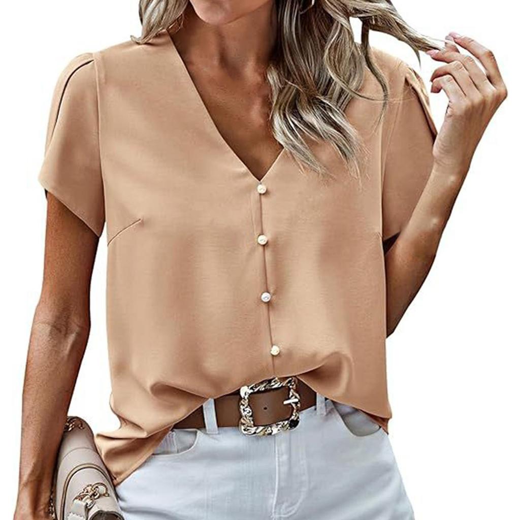 Women's Loose Casual Solid Color V-Neck Button Top, Fashionable Short Sleeved Top