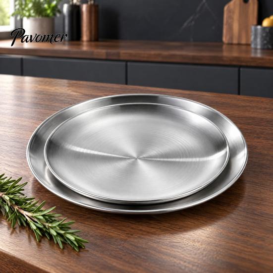 Minimalist Metal Trays for Home 304 Stainless Steel Dinner Plate with Wide Rim Korean BBQ Buffet, Multipurpose Decorative Display Round Serving