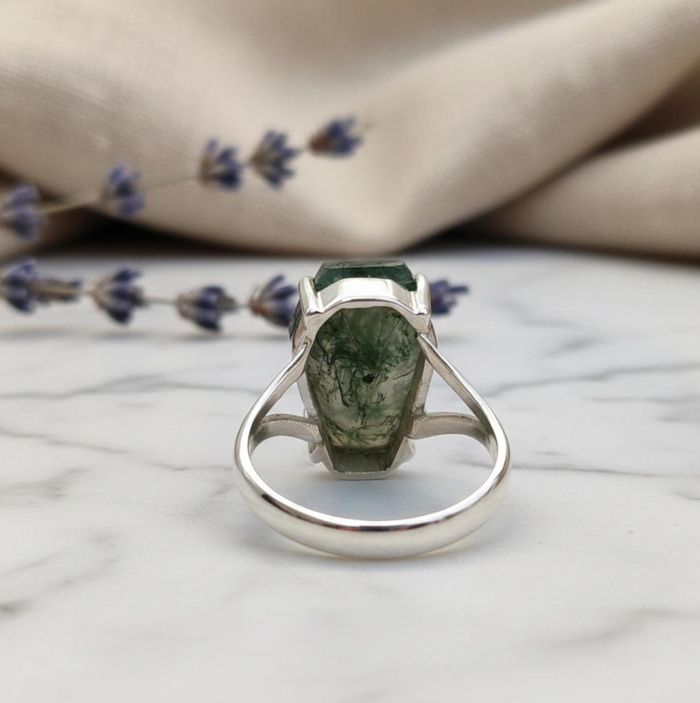 Кольцо в гробу, кольцо с моховым агатом, кольцо из стерлингового серебра 925 пробы, кольцо в стиле бохо, ювелирные изделия ручной работы, кольцо с драгоценным камнем в виде гроба с моховым агатом, подарок для нее