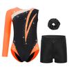Girls Rhinestone Color Block Asymmetrical Leotard Round Neck Gymnastics Skating Outfit Set