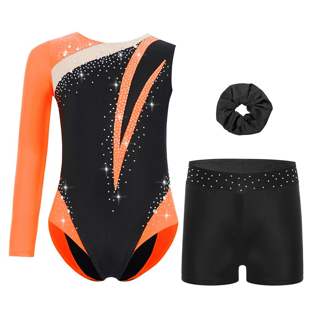 Girls Rhinestone Color Block Asymmetrical Leotard Round Neck Gymnastics Skating Outfit Set