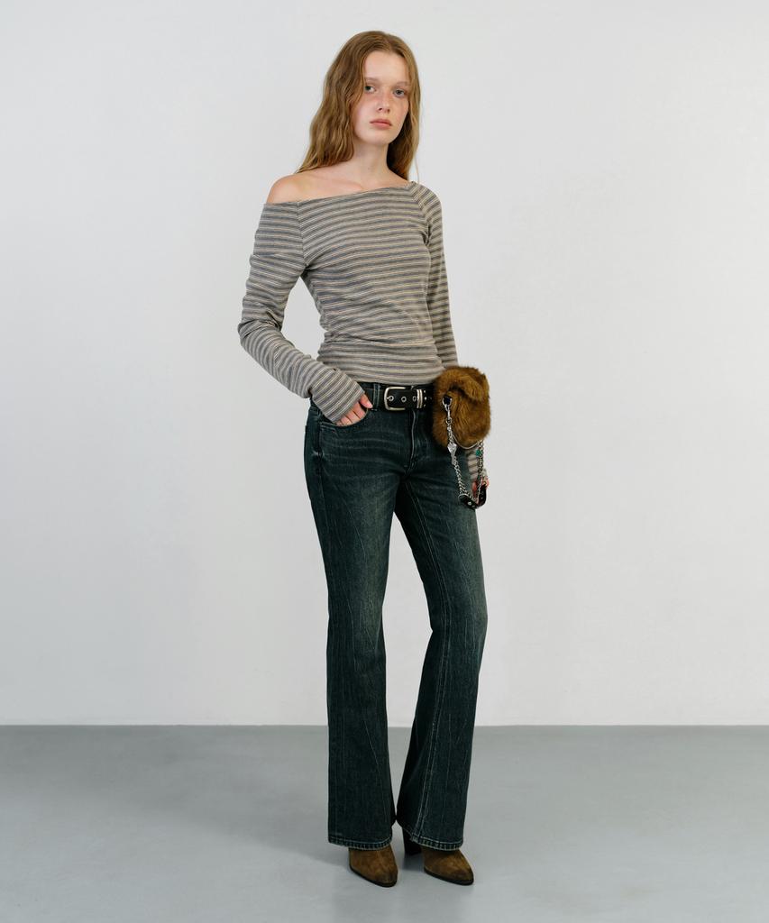 INSTANTFUNK Stripe Off Shoulder Neck Tee - Gray