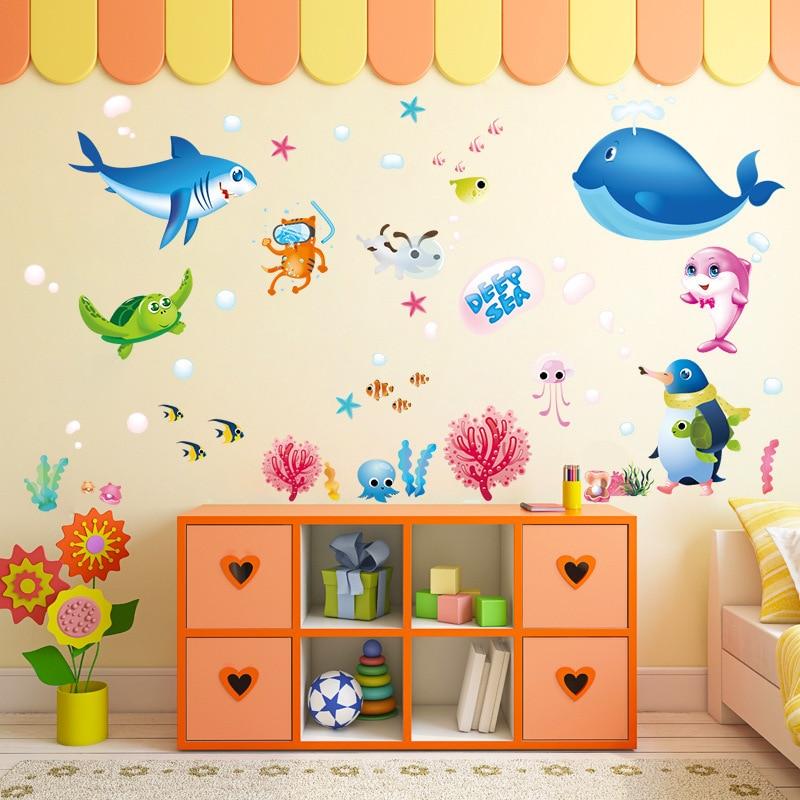 Cartoon Underwater World Wall Stickers Kids Bedroom Bathroom Fish Decals Removable Art Murals PVC Wallpaper Decor