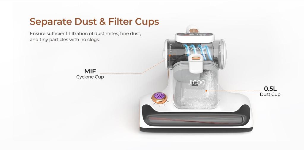 JIGOO T600 Пылесос для матраса-кровати с двойной чашкой - удаление пылевых клещей на 99,99% с системой диффузии аромата