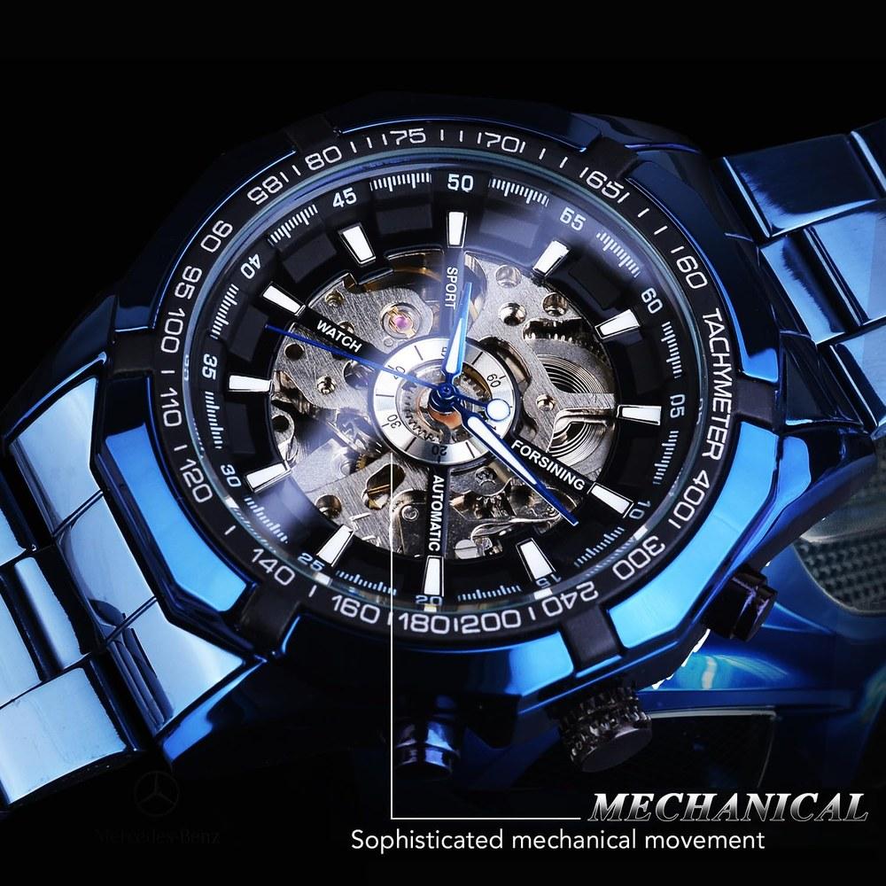 Forsining Men's Automatic Skeleton Watch Hollow Mechanical Luxury Blue Black Stainless Steel Waterproof Modern Wristwatch