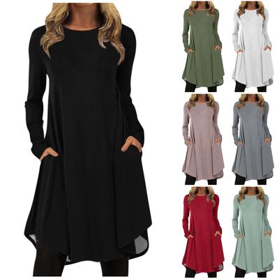 Женская мода повседневное сплошной цвет пуловер с круглым вырезом свободное платье с длинным рукавом